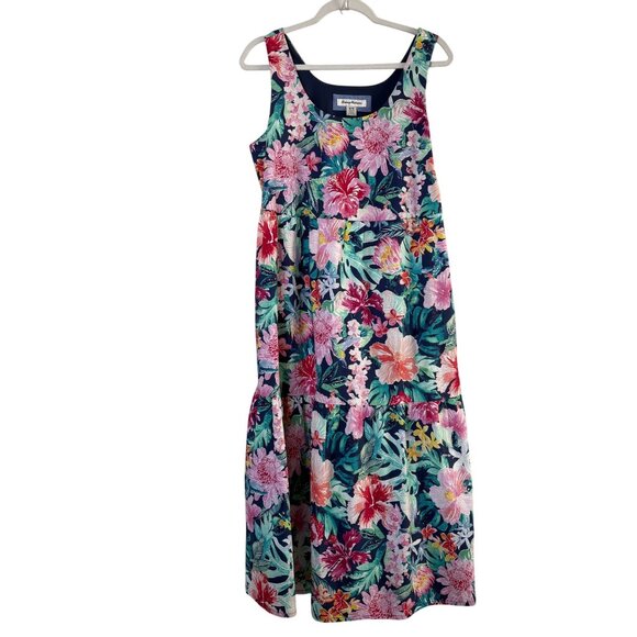 Tommy Bahama Perfectly Paradise Midi Dress Sundress Womens M Blue Floral Tiered - Picture 1 of 12